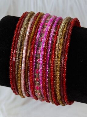 Multicolor Seed Bead Cuff Wrap Bracelet - Red, Pink & Goldtone
